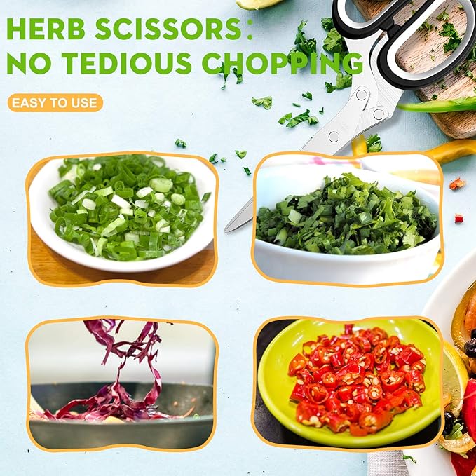Herb Scissors Set - Updated 2025 Cool Kitchen Gadgets for Cutting Fresh Garden Herbs - Herb Cutter Shears with 5 Blades and Cover, Sharp and Anti-rust Stainless Steel, Dishwasher Safe (Black-White)