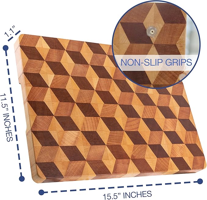 End Grain Wooden Cutting Board for Kitchen 15.5"x 11.5" - Walnut Hardwood Chopping Block with Non Slip Grips - Ideal for Charcuterie & Meat Butcher - Handmade 3D Design Wood (1.1'' Thick, Large)