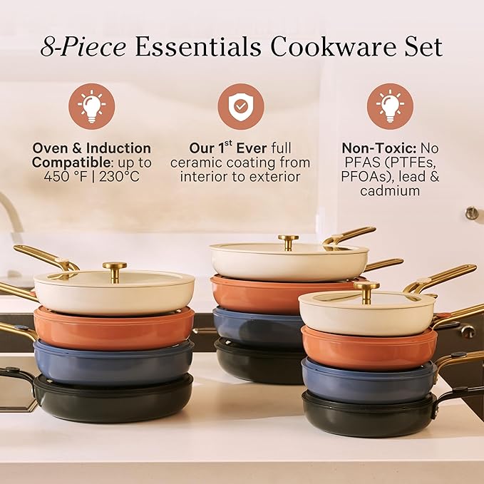 Our Place 8-Piece Essentials Complete Cookware Set - Ceramic Fry Pan Trio & Modular Rack Storage | Nontoxic Thermakind™ Nonstick, Oven Safe up to 450°F & Compatible with All Cooktops | Char