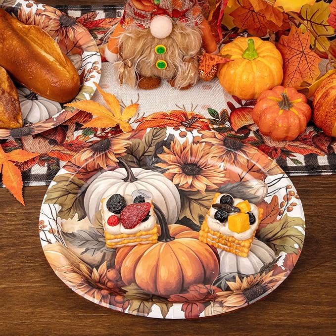WDF 50Pack Thanksgiving Paper Plates - 10" x 12" Heavy Duty Pumpkin Paper Plates Disposable for Thanksgiving/Fall Party