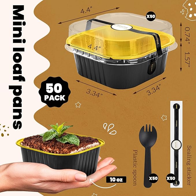 50 Pcs Mini Square Baking Cups with Lids and Spoons Aluminum Foil Mini Cake Pans with Lids Disposable Ramekins Cake Pans Dessert Cups for Wedding Birthday Party(Black Gold,10oz)