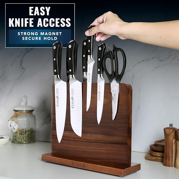 Cutluxe Magnetic Knife Holder – Magnetic Knife Block, Acacia Wood Knife Stand for Kitchen Counter, Slim & Double Sided, Powerful Magnet Strips, Organized Storage Rack & Modern Display Board