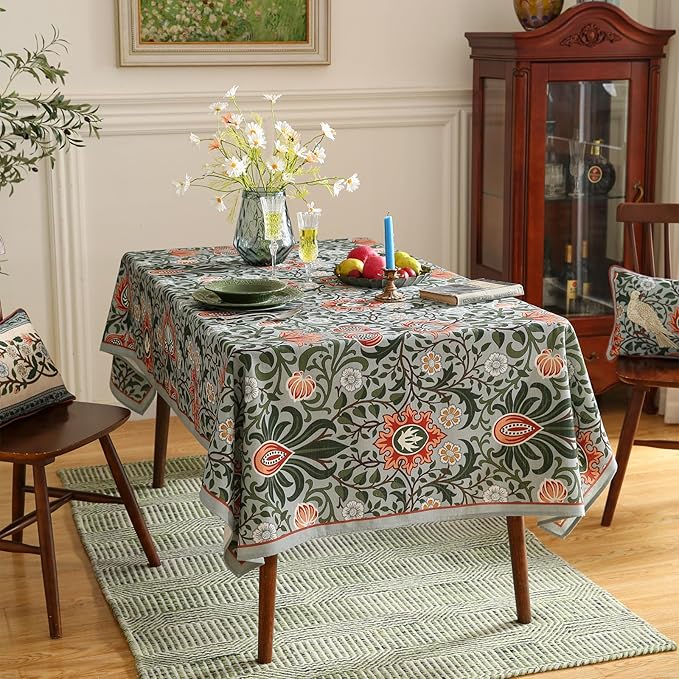 ISAENNE Designer Bohemian Linen Green Long Tablecloth Rectangle,Floral Indoor Table Cloth,Stain Resistant Decor Tablecloths for Dining Thanksgiving Kitchen Party Christmas,63"*94"-Naples