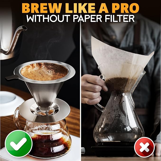 Stainless Steel Pour Over Coffee Maker With Cleaning Brush & Non-Slip Silicone Handle - 2 Cups Capacity Stainless Steel Coffee Pour Over Dripper With Secure Wide Base, Clean Flavor Paperless