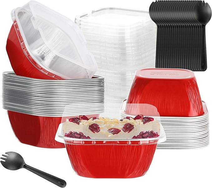 30PCS Mini Cake Tins With Lids - 7.8OZ Aluminum Foil Baking Cups for Individual Cakes, Bundt Pans for Baking Party, Red