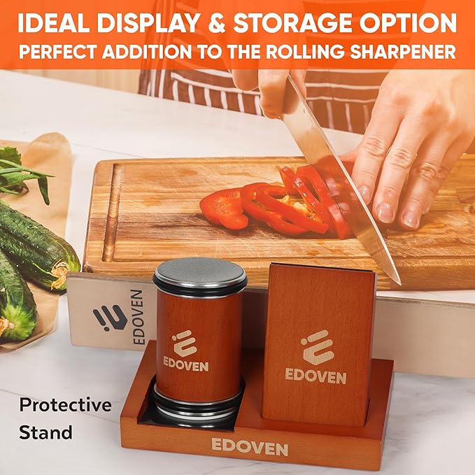 Rolling Knife Sharpener Kit – Complete Luxury Set with Leather Strop, Stand & 2 Extra Discs | Premium Beech Wood Magnetic Sharpener | Kitchen & Pocket Knife Sharpening Tool