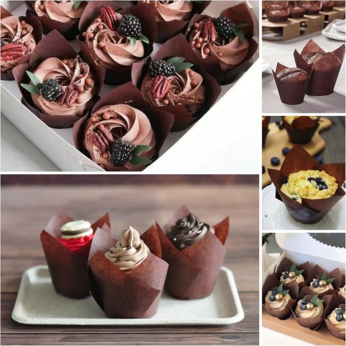 Large size White+Brown Tulip Baking Cups 2-1/4"(Base diameter) x 4"(Wall height) Greaseproof paper baking cupcake Muffin liners, Case of 130 pcs