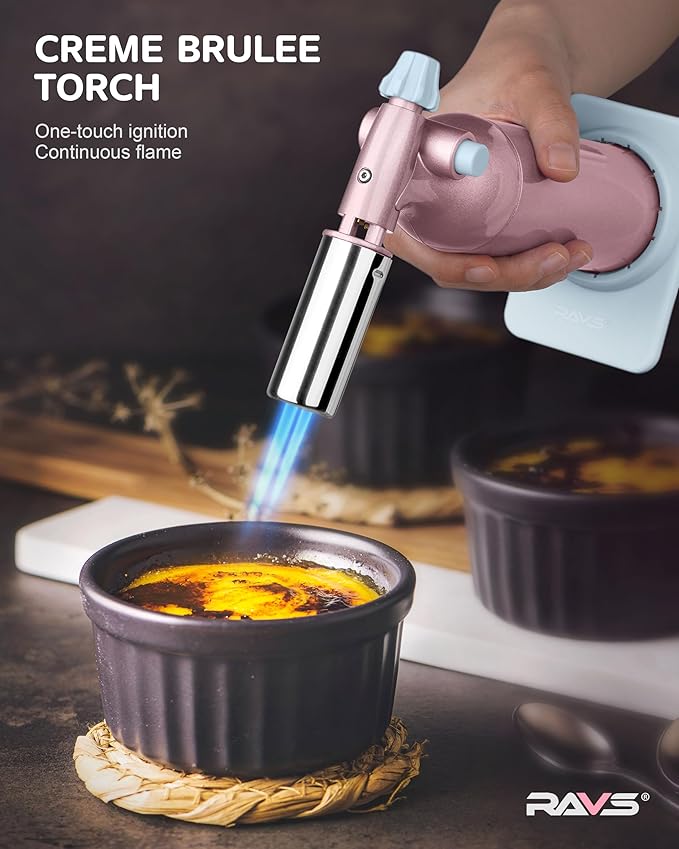 RAVS Refillable Double Flame Butane Torch, Creme Brulee Torch with Adjustable Flame, 20G Large Capacity Culinary Torch for Soldering, BBQ, Baking, DIY, Unique Gifts for Women, Butane Fuel Not Included