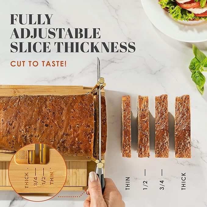 DITTO 2.0 Bamboo Bread Slicer for Homemade Bread - 6.5" Wide Adjustable Bread Slicer Guide Cuts Even Slices, 4 Thickness Options - Works with Buns, Bagels - Incl Crumb Tray