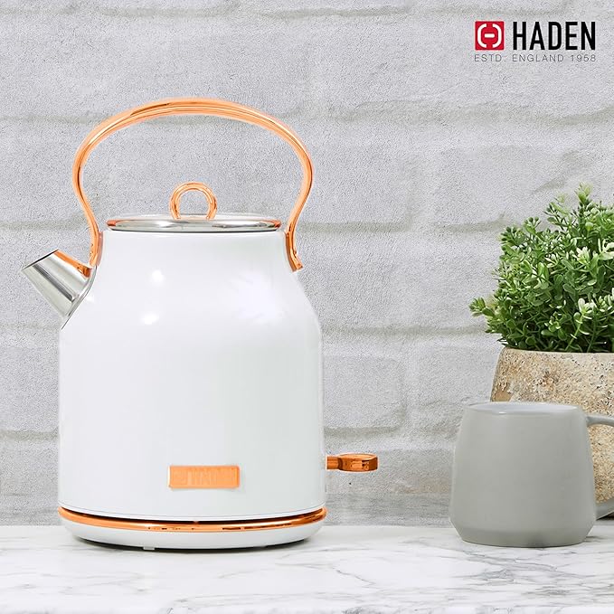 HADEN Coffee Machine, 12 Cup Drip Coffee Maker Bundled with Heritage 1.7 Liter Stainless Steel Electric Kettle, Ivory & Copper