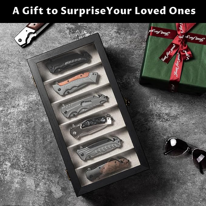 Knife Display Case, 3-Layer Pocket Knife Case Display & Storage Knives, Solid Wood Knife Case for Collections, Gift for Boyfriend Fathers Day Birthday Gifts(Black)