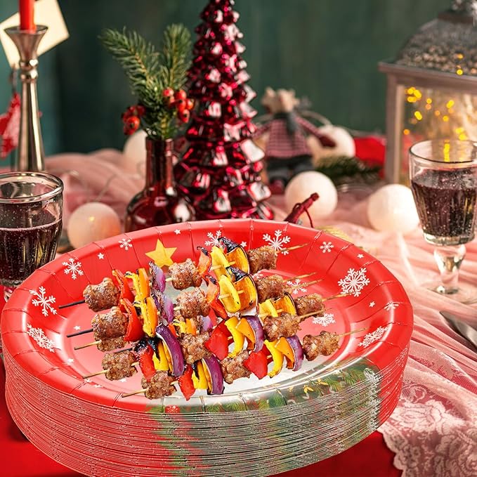 WDF 50Pack Christmas Paper Plates - Oval Paper Plates 10" x 12" for Party Supplies Christmas Trees Large Disposable Platter for Serving Tray Baby Shower Birthday