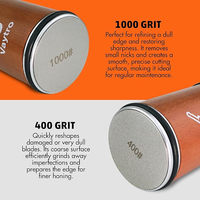 Rolling Knife Sharpener Kit – Manual Kitchen Knife Sharpening Stone System with #400 & #1000 Grit, Diamond Sharpening Tool, 15°/20° Guides & Leather Strop