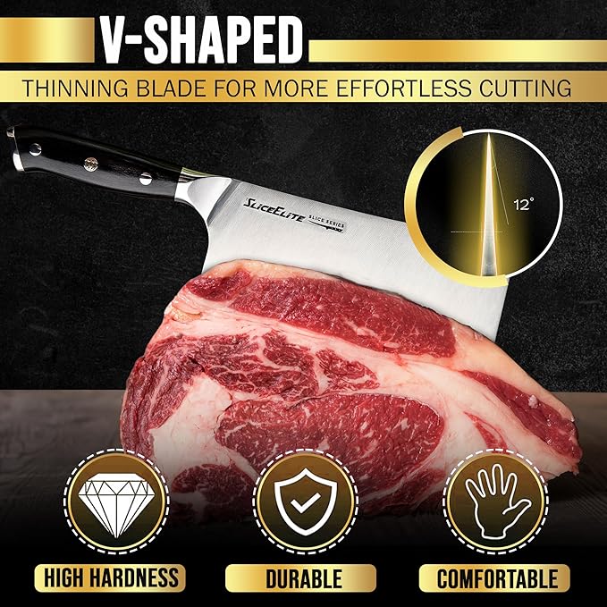 SliceElite Slice Series 7 Inch Bone Cutting Kitchen Knife High Carbon German Steel Blade Pakkawood Handle Butcher Chopper Cleaver Vegetable Fruit Tool Heavy Duty Kitchen BBQ Gift Sharpest Chef