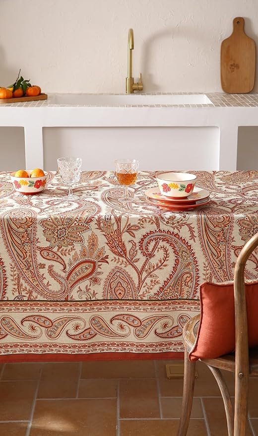 ISAENNE Designer French Red Small Rectangular Tablecloth,Linen Table Cloth with Cashew Pattern,Stain Proof Decor Tablecloths for Dining Thanksgiving Kitchen Christmas,55"*71"-Chauffrey D