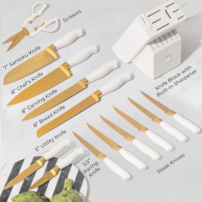 White and Gold Knife Set with Block - 14-Piece White Knife Set with Block and Built-In Sharpener – Titanium-Coated High Carbon Stainless Steel Blades - Gold Kitchen Accessories - Great for Gifting