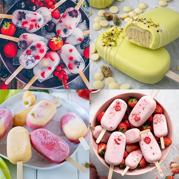 Sakolla Large Silicone Popsicle Molds Set of 3, Oval 4 Cavities Homemade Ice Pop Molds with 150 Wooden Sticks for Ice Cream, Cakesicles, Cake Pop (White)