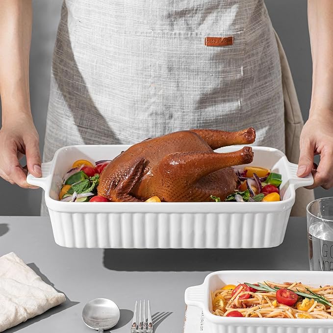 Casserole Dishes for Oven, Ceramic Baking Dishes, Porcelain Bakeware Set of 4, Rectangular Baking Pan, White Deep Lasagna Pan with Handle for Cooking, Roasting, Cake, 15.3"/12.8"/11.6"/9.8"