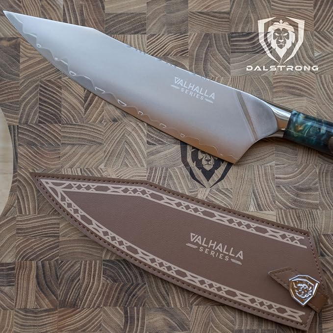 Dalstrong Chef Knife - 9.5 inch - Valhalla Series - 9CR18MOV HC Steel Kitchen Knife - White Resin & Wood Handle - Razor Sharp Chef's Knife - Kitchen Knife - Professional Cooking - w/Leather Sheath