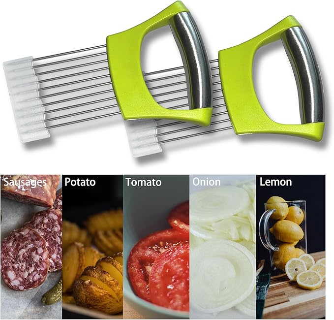 Stainless Steel Onion Slicer Holder – Multi-Purpose Kitchen Safety Tool for Slicing Onions|Potatoes|Tomatoes|Apples|Lemons, Meat Chopper, Kitchen Accessories|Gadgets 2 PACK