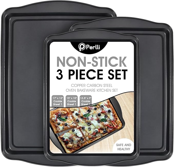 Perlli Cookie Sheets for Baking Non Stick Oven Pan Tray Baking Sheet 3-Piece Set (Small, Medium & Large) Carbon Steel BPA Free Cooking and Baking Trays for Cakes and Cookies
