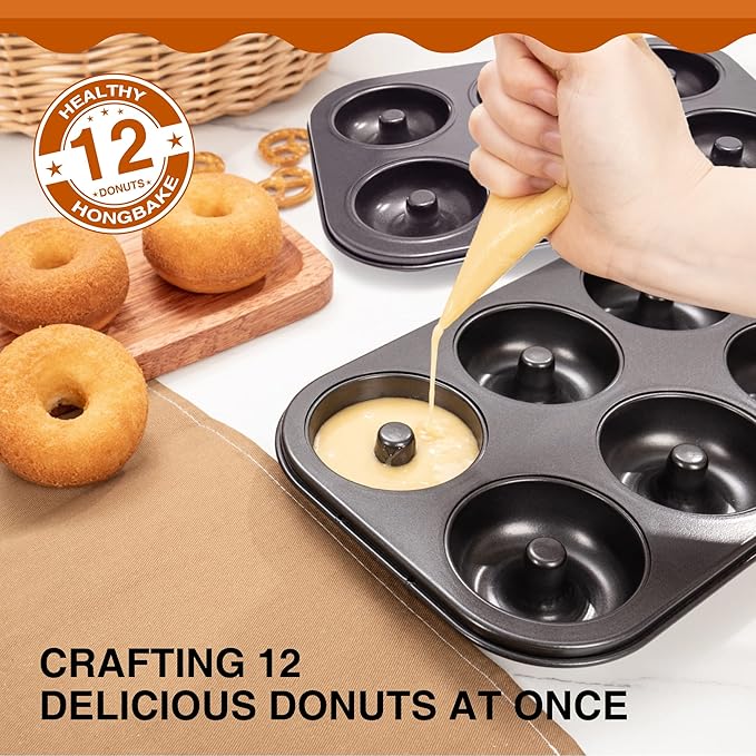 HONGBAKE Donut Pan For Baking, Upgraded Deepened Doughnut Tray, 2 Pack 6 Cavity Mini Bagel Mold for Oven, Nonstick and Heavy Duty - Black