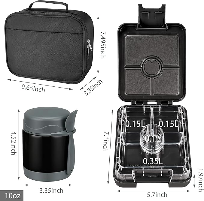 Bento Lunch Box Set for Kids with 10oz Soup Thermo, Leak-Proof Lunch Containers with 4 Compartment, Kids Thermo Hot Food Jar and Insulated Lunch Bag for Kid to School,BPA-Free(Black)