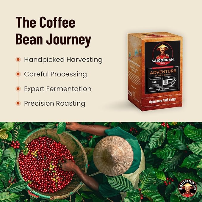 Pour Over Vietnamese Coffee – Saigondan Adventure | Espresso Robusta | 100% Robusta | Instant Specialty Coffee | Small Batch Roasted | Direct Trade | Naturally Sweet | 18 Sachets