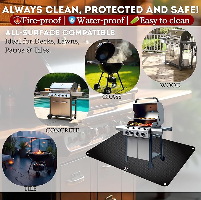 Grill Mat Set – 60"x40" Under Grill Mat for Outdoor Grill + 2 BBQ Cooking Mats, Heat-Resistant Silicone, Includes Stakes & Bag – Use on All Surfaces