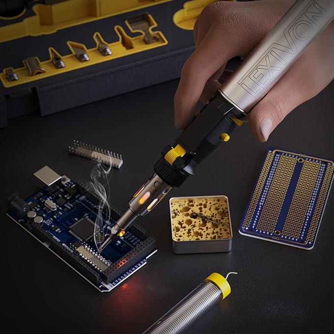 LEXIVON Butane Soldering Iron Multi-Purpose Kit | Cordless Self-Igniting Adjustable Flame 7-Tip Set | Pro Grade 125-Watt Equivalent (LX-770)