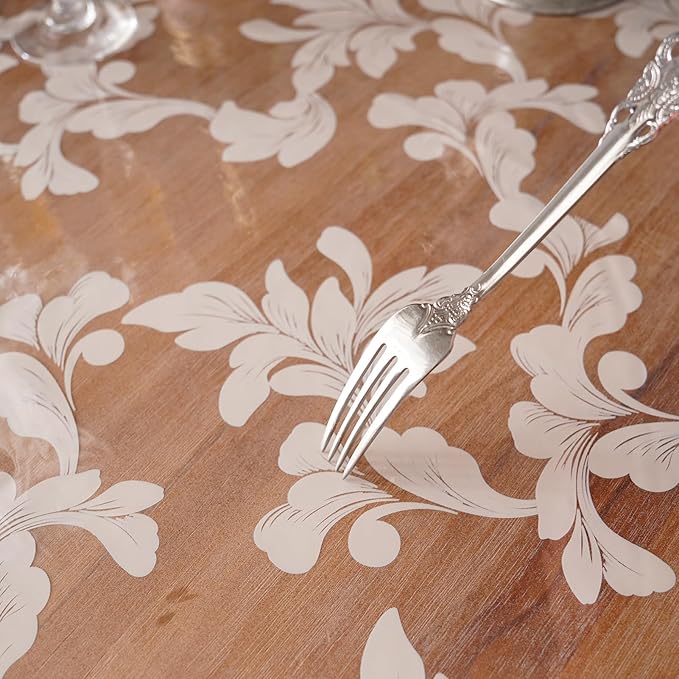 Waterproof Clear Table Cover Protector Vinyl Rectangle Table Cloth Oil Spill Proof Wipe Clean Plastic Tablecloths for Dining Tables (Scroll Grass, 60 x 84 Inches)