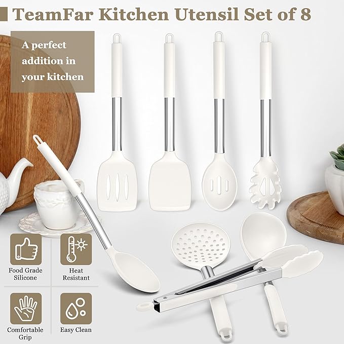 TeamFar Kitchen Utensils, 8PCS Cooking Silicone Utensils Kitchen Tool Kit with Stainless Steel Handle, for Nonstick Cookware Cooking Stirring Turning, Food Grade & Heat Resistant, Dishwasher Safe