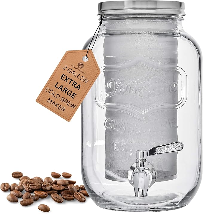 2-Gallon Cold Brew Coffee Maker – Commercial Size Extra Large Glass Dispenser with Metal Spigot, Reusable Metal Filter & Airtight Lid – Big Batch Brewing by KitchenToolz