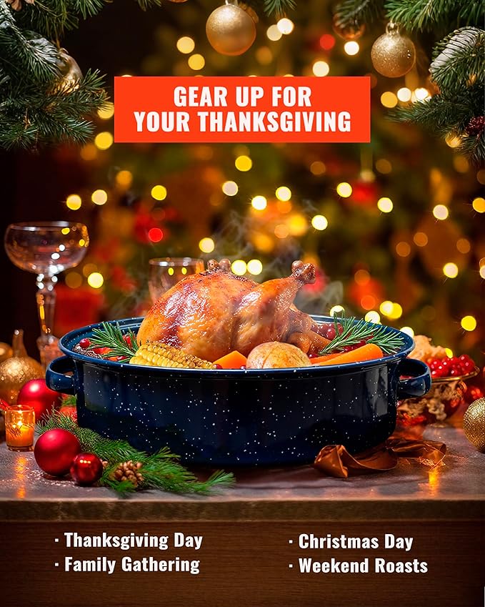Roasting Pan with Lid and Rack 18" Dark Blue and White Speckled Design Large Oval Enamel Roast pan,Perfect for Thanksgiving Christmas Parties and Dinner Gatherings with Mesh Frame Gift Packaging