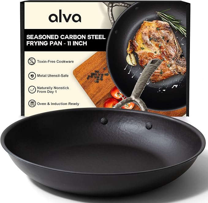 Alva 11” Carbon Steel Frying Pan – Naturally Nonstick, Made without PTFE, PFOA, & PFAS, Oven & Induction Safe, Chef-Grade Heat Control, Built to Last a Lifetime