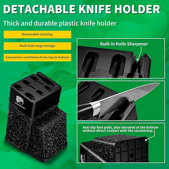 FULLHI 14pcs Block Knife Set, Chef's Knife Steak Knives Set with Block and Sharpener, Kitchen Knife Set, Multi-colour Handle, Gifts for Men Women