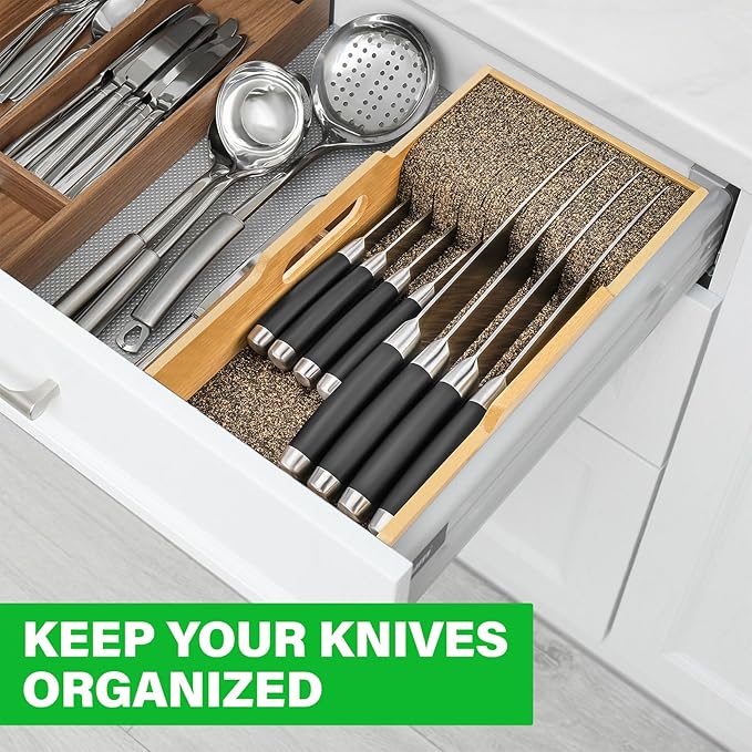 Bamboo Knife Drawer Organizer Insert - Kitchen In-Drawer Knife Block Holder, Flexible Dividers for Knives Organization