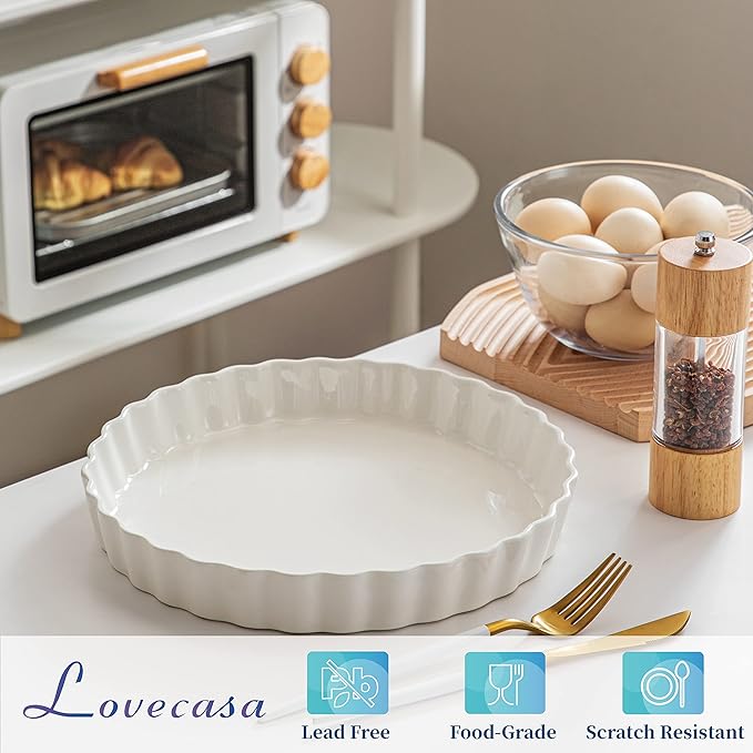 LOVECASA Porcelain Quiche Baking Dish,10 Inch Reusable Pie Pan Quiche Pan, Non-Stick Round Pie Dish, Tart Pan with Ruffled Edge,Pie Pan for Pies | Microwave,Dishwasher,and Oven Safe (White)