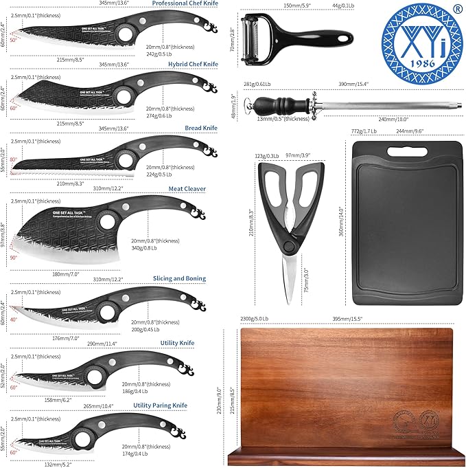 XYJ Authentic Since 1986,Kitchen Knife Block Set,High Carbon Steel Blades,Knives Set with Wooden Magnetic Knife Block,Sharpening Steel,Cutting Board,Cleaver Slicing Knife,Wood Handle