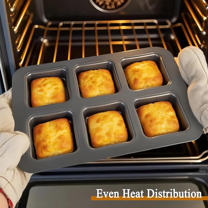 6 Cup Square English Muffin Pan with Lid Straight Side Hamburger Burger Bun Egg Sandwich Frittata Cinnamon Roll Focaccia Quiche Pancake Nonstick Baking Tin Tray Mold