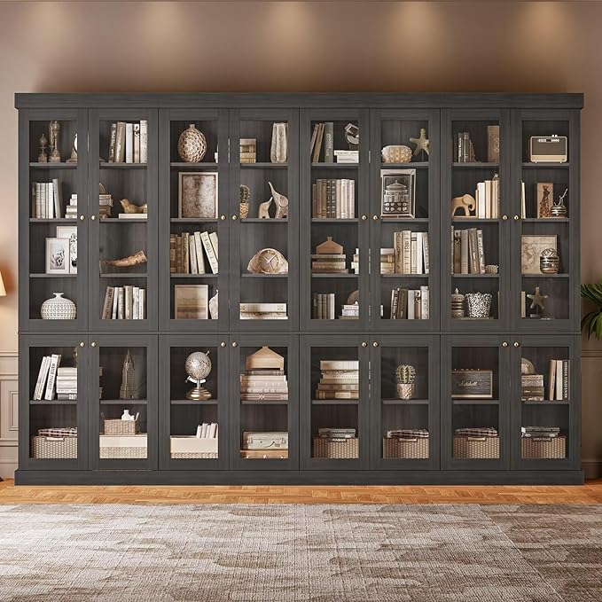 70.8" Tall Black Bookshelf with Glass Doors, Farmhouse Modular Bookcase with 6-Tier Adjustable Shelves, Large Storage Cabinet for Home Office, Living Room