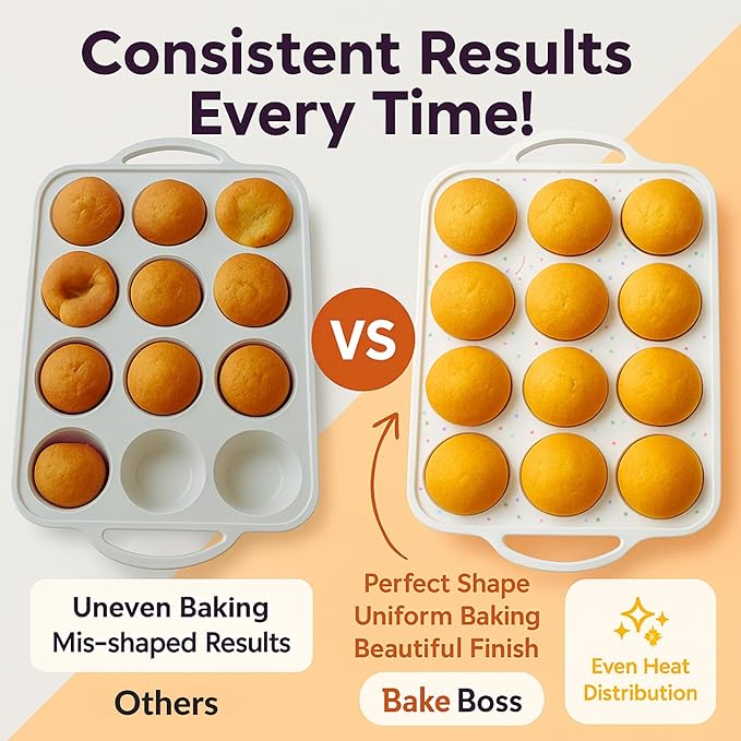12-Cup Silicone Muffin Pan with Metal-Reinforced Handles – Nonstick, Non-Toxic Cupcake Pan for Baking – Easy-Release, BPA-Free, Dishwasher-Safe Silicone Muffin Tray - 1 PACK - CREAM