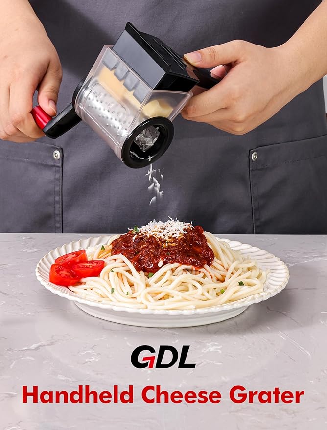 GDL Cheese Grater with Handle, Compact Parmesan Cheese Grater for Kitchen, Dishwasher Safe Parmesan Grater with Stainless Steel Blade for Cheese, Nuts, Chocolate and More, Black
