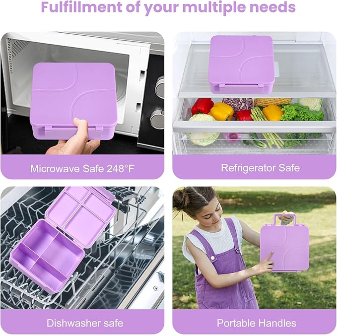 Bento Lunch Box for Kids with 8oz Soup Thermo,Kids Leakproof Lunch Food Containers with 4 Compartment,Kid Insulated Thermo Hot Food Jar for School,Trvael-Purple