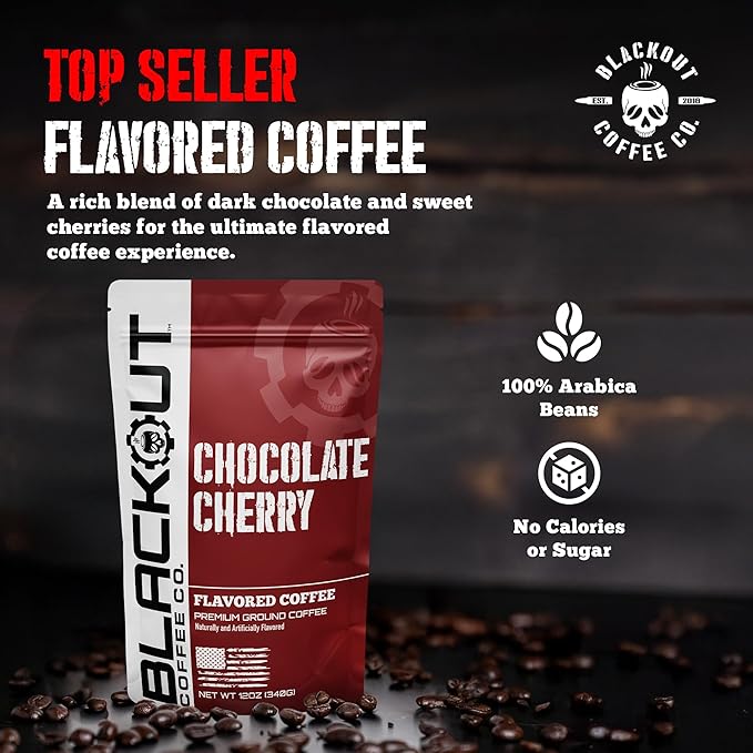 Blackout Coffee Chocolate Cherry Flavored Ground Coffee – Medium Roast, Smooth Taste, Guilt-Free Indulgence – Freshly Roasted 12oz Pouch, American Made