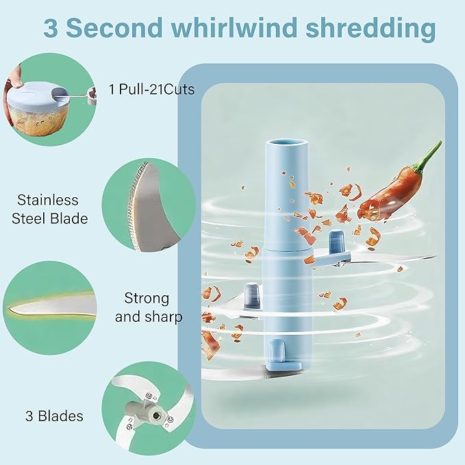 Manual Food Processor Vegetable Chopper, Portable Hand Pull String Garlic Mincer Onion Cutter for Veggies, Suitable for Vegetables, Ginger, Garlic, Fruits, Onion, Potato, Salad (Blue 500 ml)