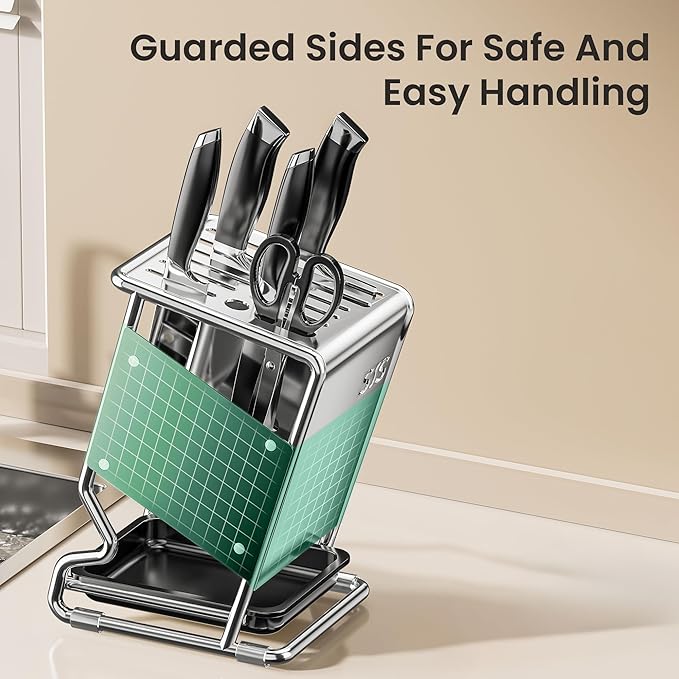 Knife Block Holder without Knives, Universal Kitchen Storage Stand, Safe Space Saver Large Volume Stable Knife Storage With a drip tray at the base Detachable for Easy Cleaning - Grey