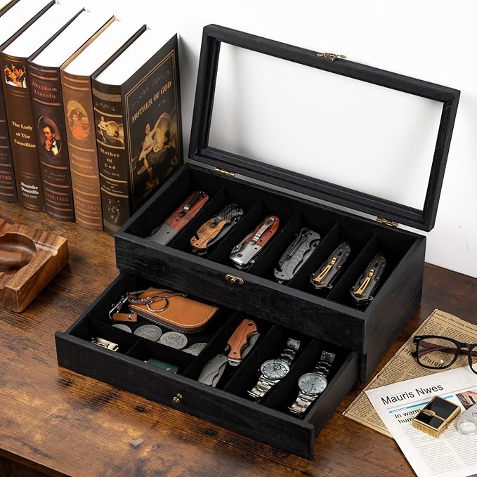 Knife Display Case, 2-Layer Pocket Knife Case Display & Storage Knives, Solid Wood Knife Case for Collections, Gift for Boyfriend Fathers Day Birthday Gifts(Black)