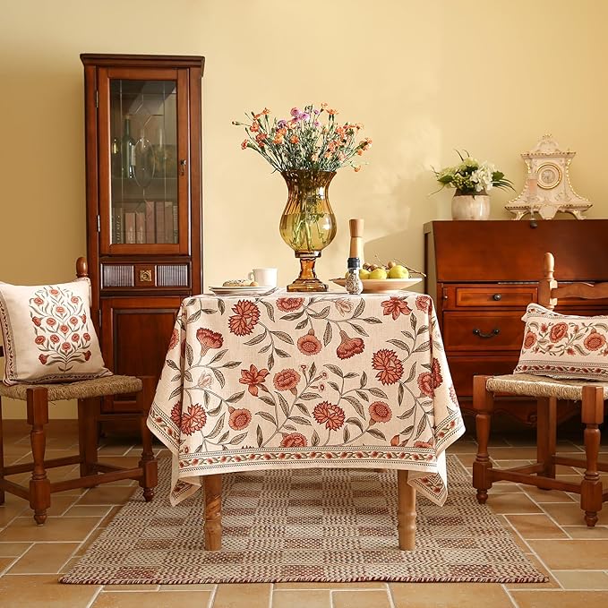 ISAENNE Designer French Long Rectangular Tablecloth,Linen Orange Floral Pattern Indoor Table Cloth,Wrinkle Resistant Decor Table Cloth for Dining Thanksgiving Kitchen Party,63"*94"-Alvarado D