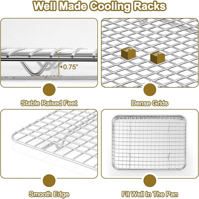 TeamFar Stainless Steel Baking Sheet with Rack Set, 16/12.5/9 Inch Cookie Sheets Baking Pans and Cooling Racks for Cooking Serving, Non-Toxic & Heavy Duty, Dishwasher Safe, 6 PCS (3 Pans + 3 Racks)
